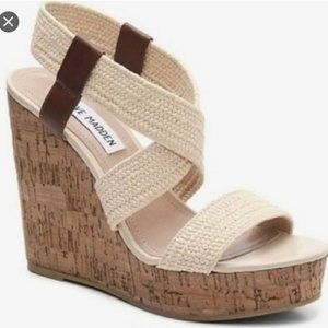 Steve Madden Elika Women Open Toe Synthetic Tan Wedge Sandal